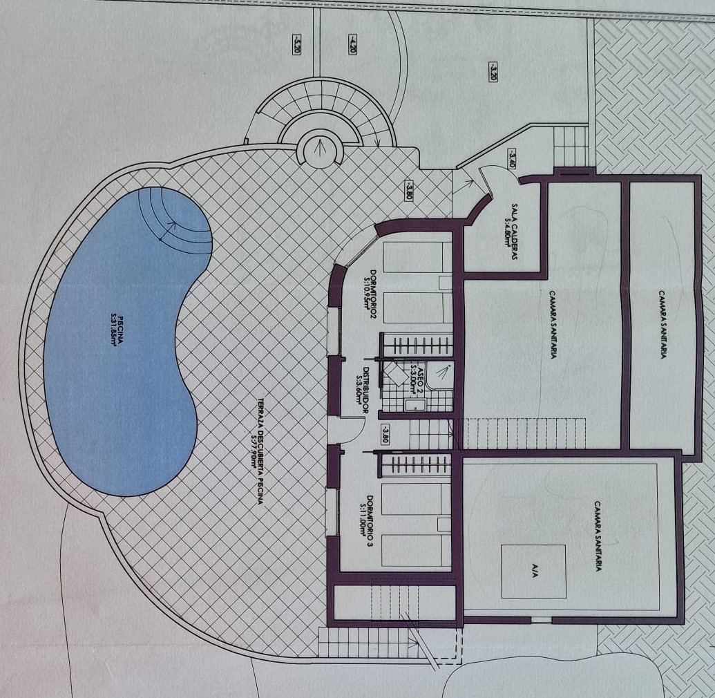 Architectonisch plan: privézwembad, open terras en slaapkamerindeling in Benitachell.