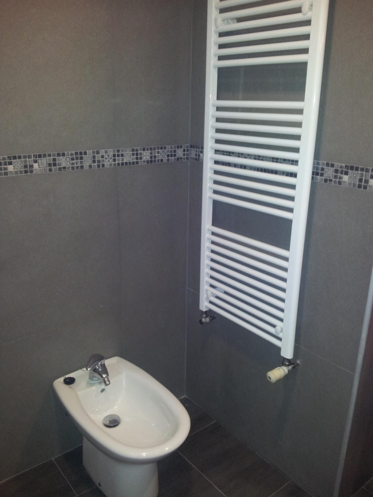 Badkamerhoek met een wit keramisch bidet en een verticale handdoekradiator. De wanden zijn bekleed met donkergrijze tegels en een mozaïekrand.