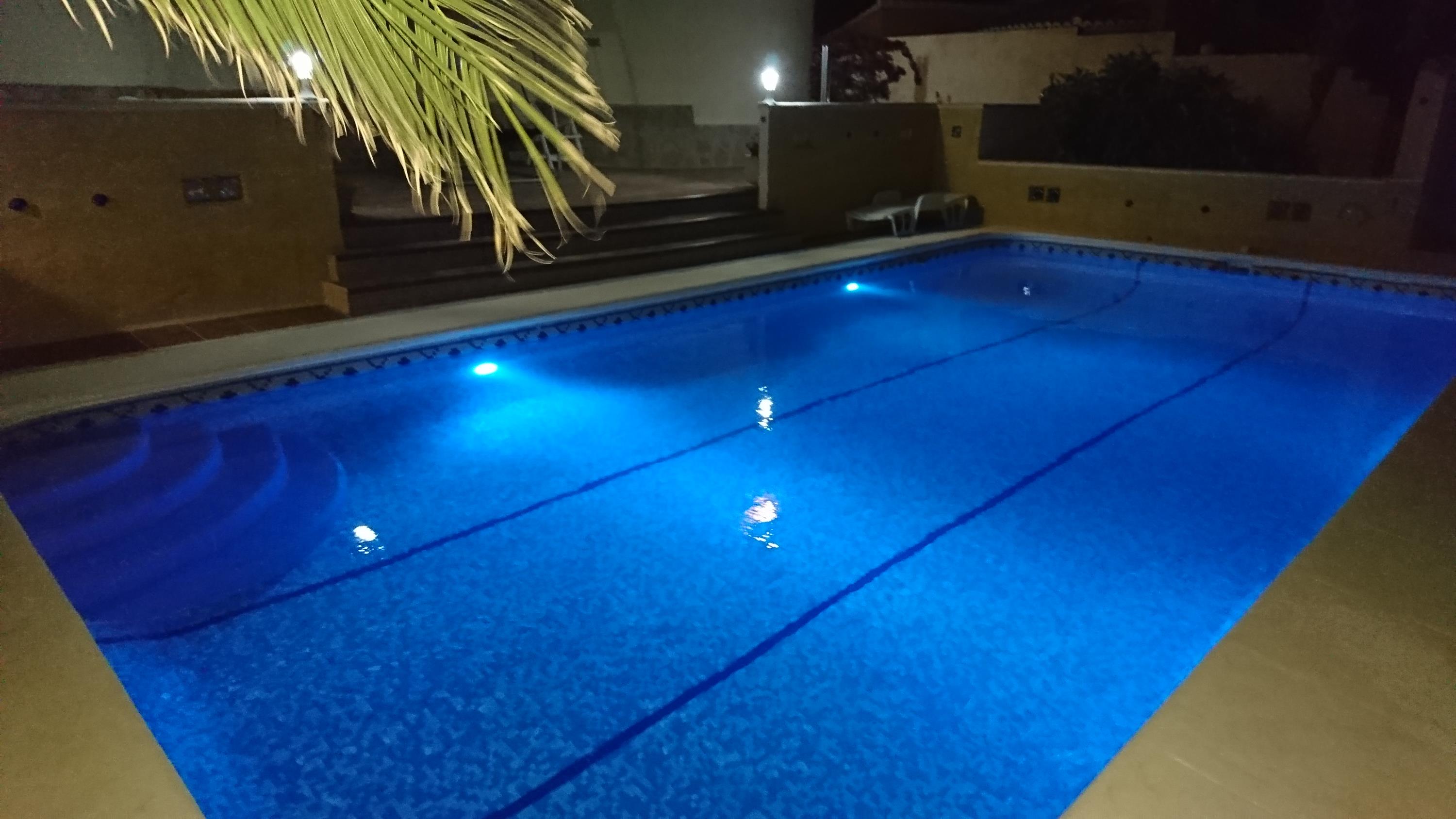 Rechthoekig zwembad met blauwe onderwaterverlichting, Romeinse trap en een bestraat terras met sfeervolle avondverlichting.
