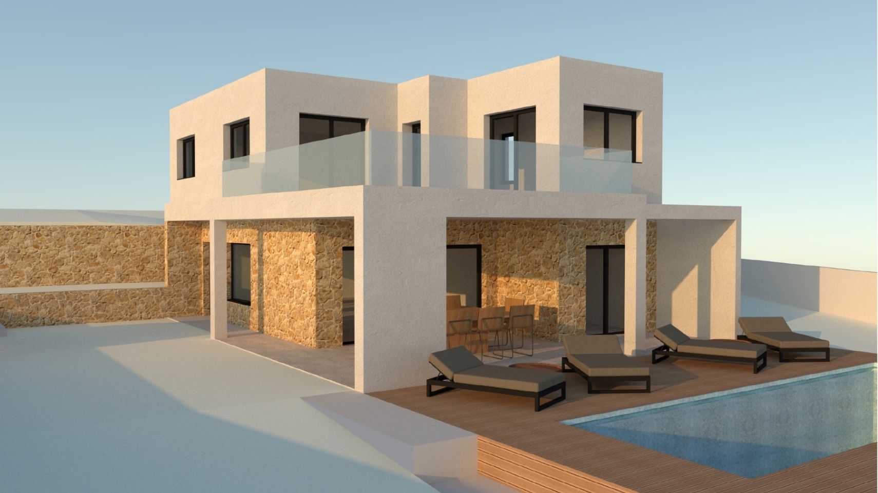 Architecturale rendering van een moderne villa met natuurstenen muren, een zwembad met houten terras en een bovenbalkon met glazen balustrade.