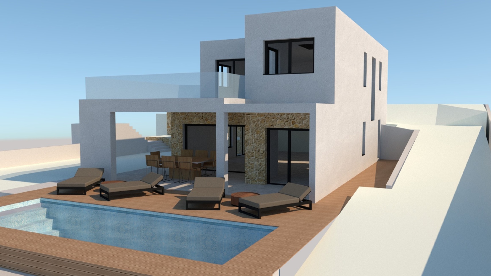 Exterieur van een moderne villa met witte gevels, natuurstenen accenten, rechthoekig zwembad met houten terras en overdekte eethoek buiten.