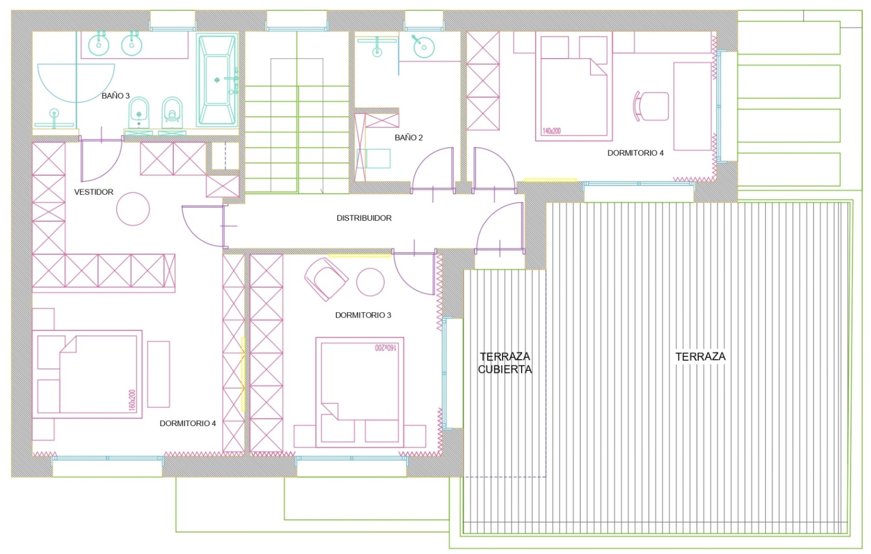 Gedetailleerde technische plattegrond van de bovenverdieping met drie slaapkamers, twee badkamers, een inloopkast en een groot terras met overdekt gedeelte.