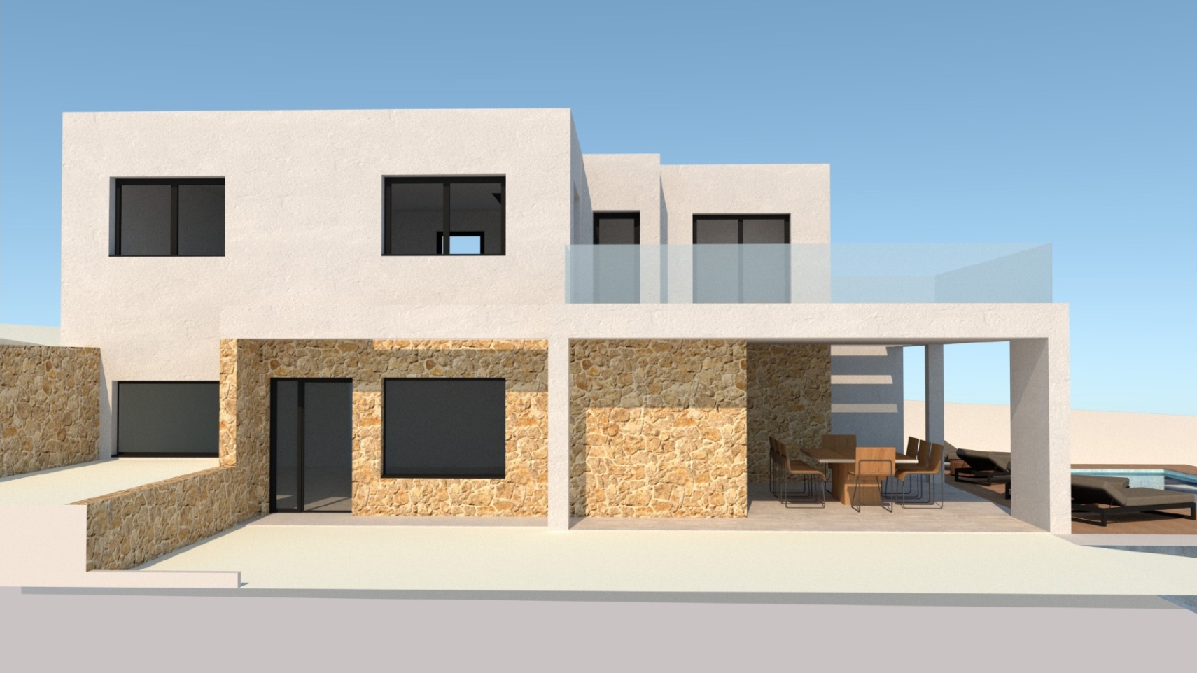 Moderne villa met natuurstenen muren op de begane grond, een glazen terras op de verdieping en een overdekt buitenterras bij het zwembad.