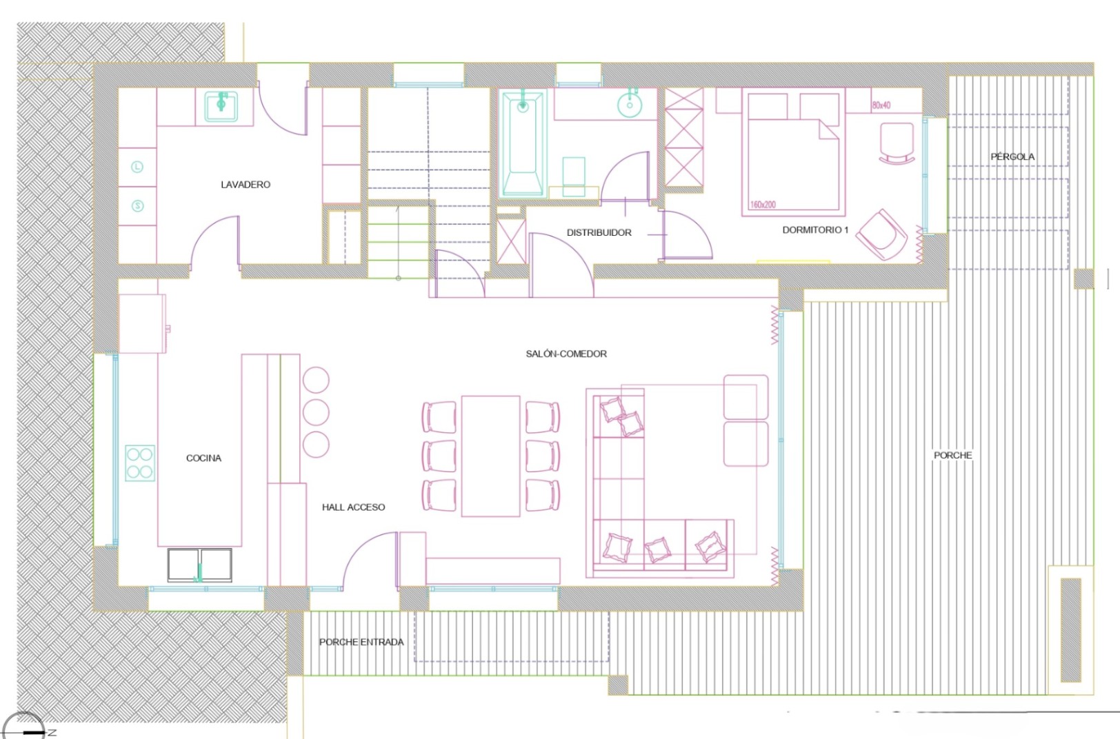 Technische plattegrond van de begane grond met een open woon-eetkamer, keuken, wasruimte, één slaapkamer en een ruim omlopend terras voorzien van een pergola.