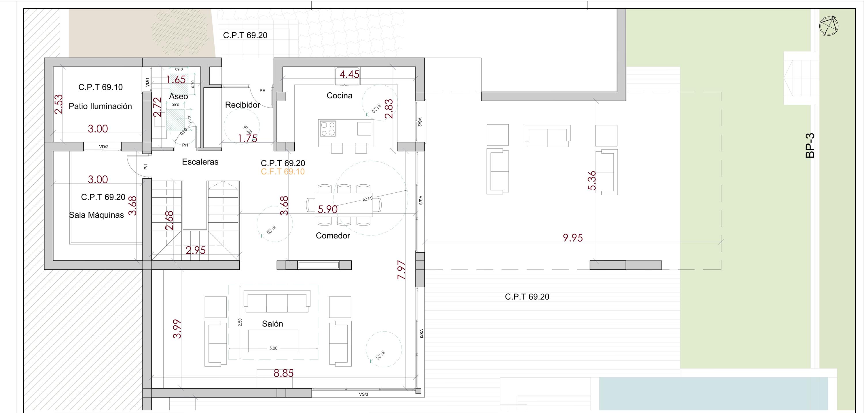 Technische plattegrond van de hoofdverdieping met de indeling van de woon-eetkamer, keuken, gastentoilet en de royale buitenterrassen.