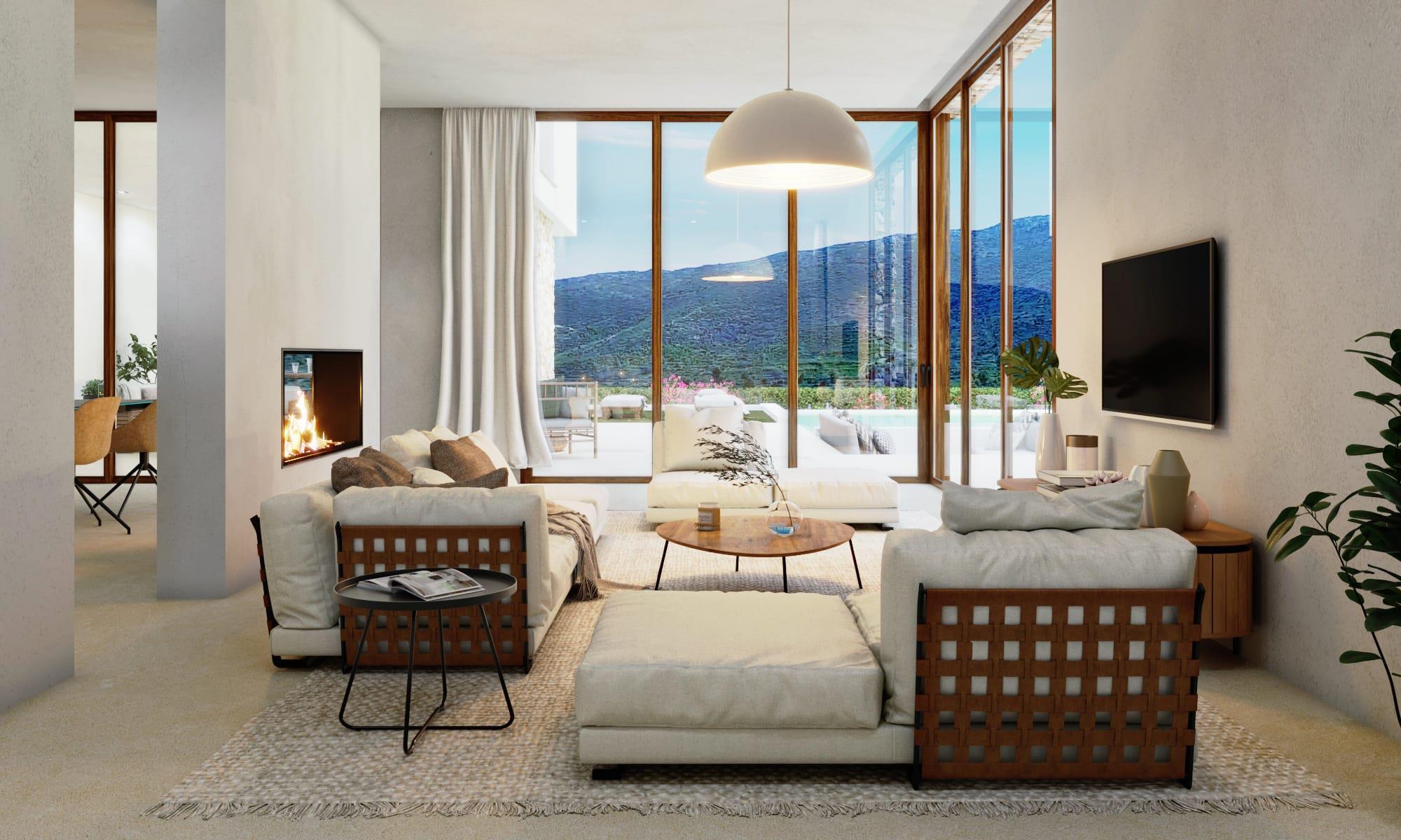 Woonkamer in Ibiza-stijl met geïntegreerde haard, designmeubels en grote houten raampartijen met uitzicht op de vallei en het overloopzwembad.