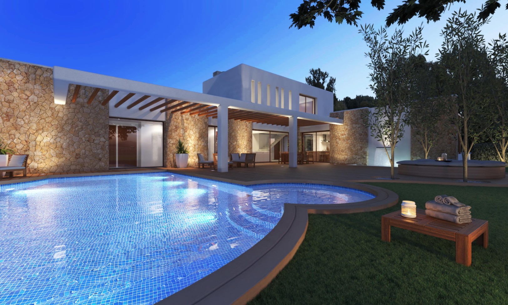 Avondzicht op het verlichte zwembad en terras met muren van natuursteen. Moderne architectuur in Ibiza-stijl met houten pergola's en geïntegreerde buitenverlichting.
