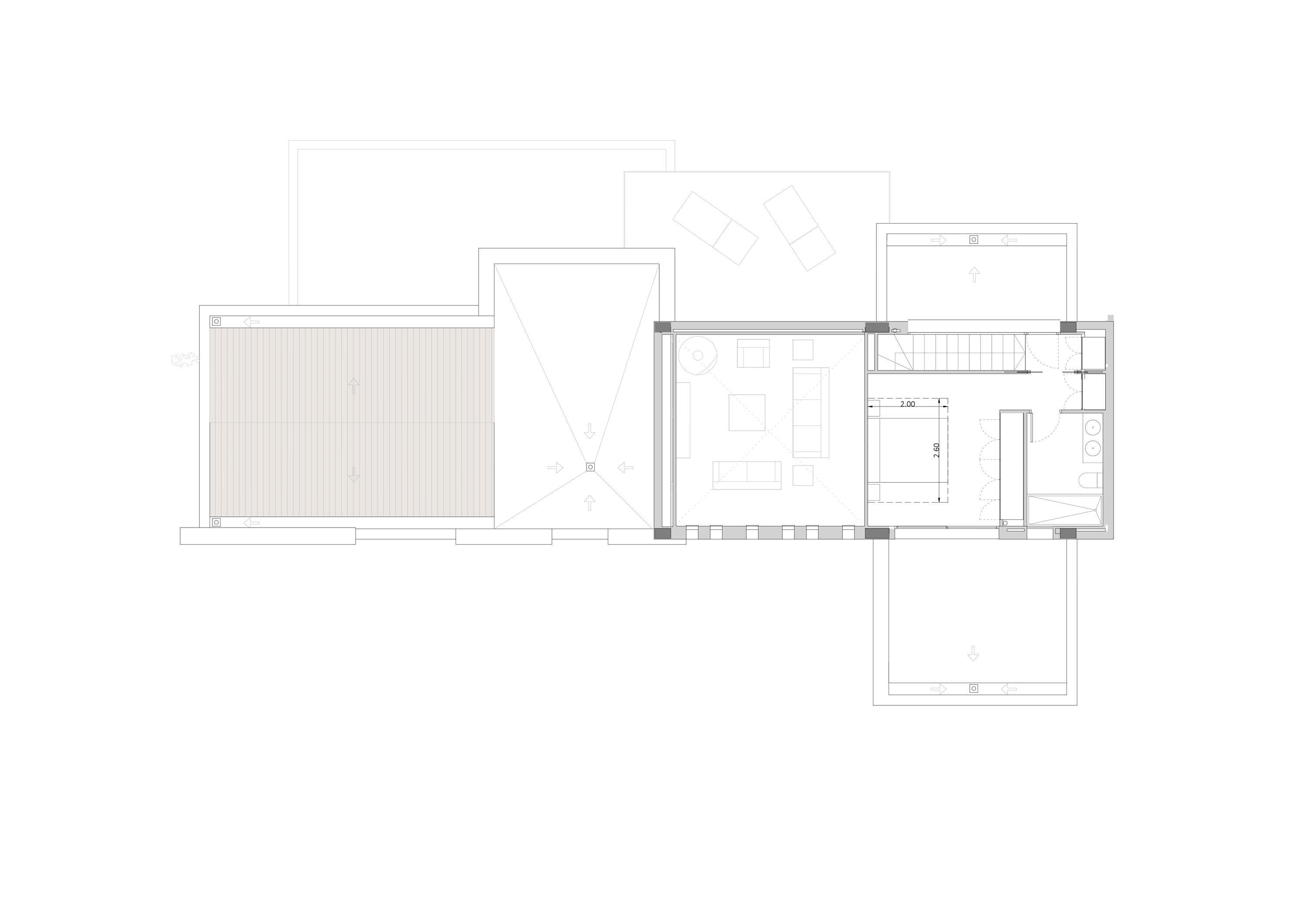 Gedetailleerde architecturale plattegrond van de bovenverdieping, met de indeling van de hoofdslaapkamer, inloopkast, en-suite badkamer en diverse dakterrassen.