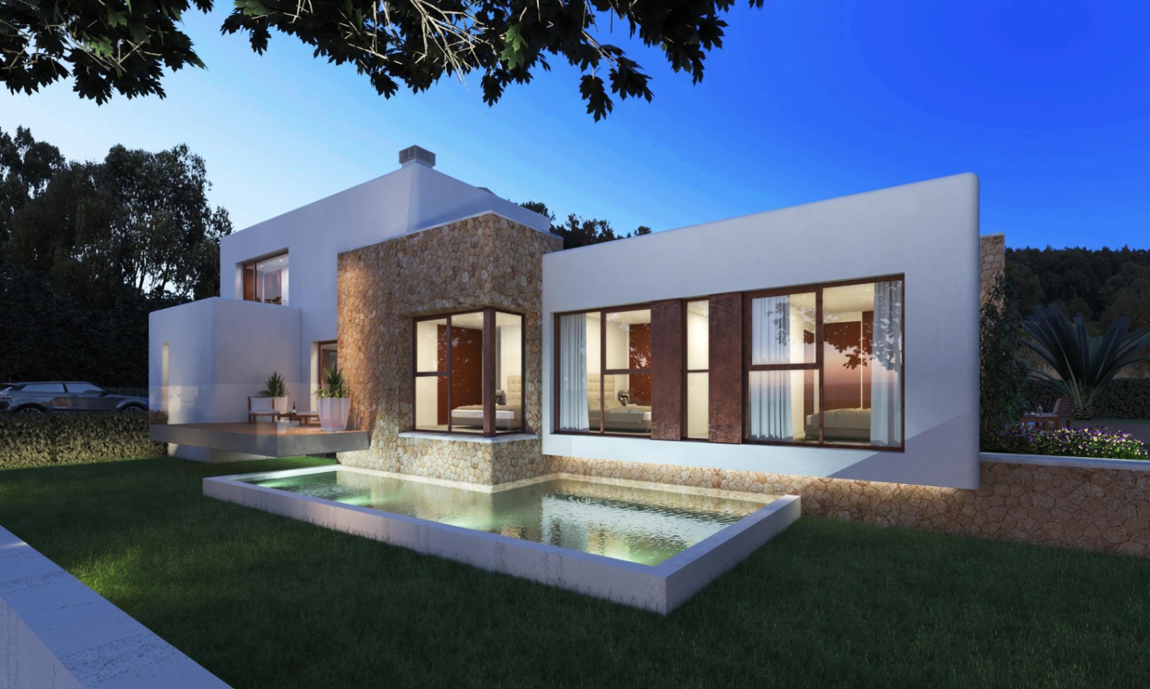 Gevel in Ibiza-stijl met natuurstenen muren, grote verlichte ramen en een decoratieve vijver geïntegreerd in de tuin.