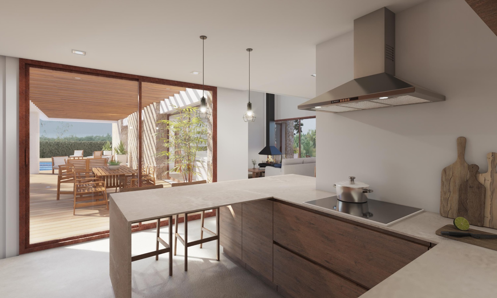 Moderne keuken met een donkerhouten kookeiland, stenen werkblad en rvs afzuigkap, grenzend aan een houten terras met eethoek en uitzicht op de woonkamer met haard.
