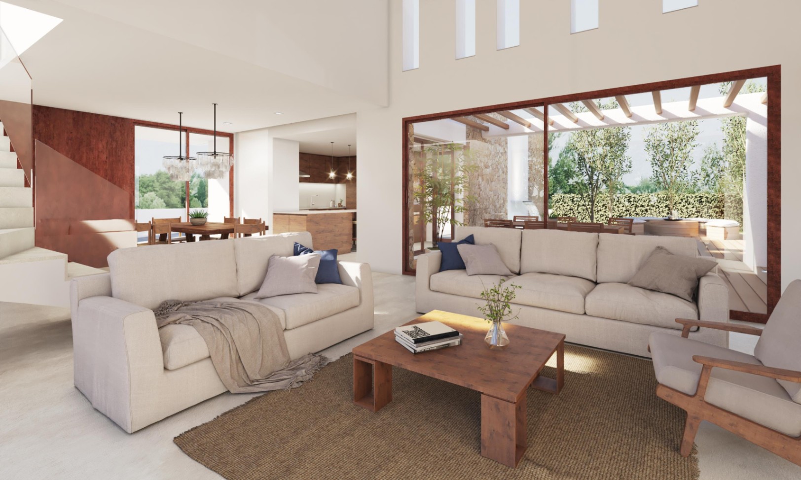 Open woonkamer met neutrale banken, houten salontafel en grote glazen schuifdeuren die toegang bieden tot het terras met pergola en stenen muren.