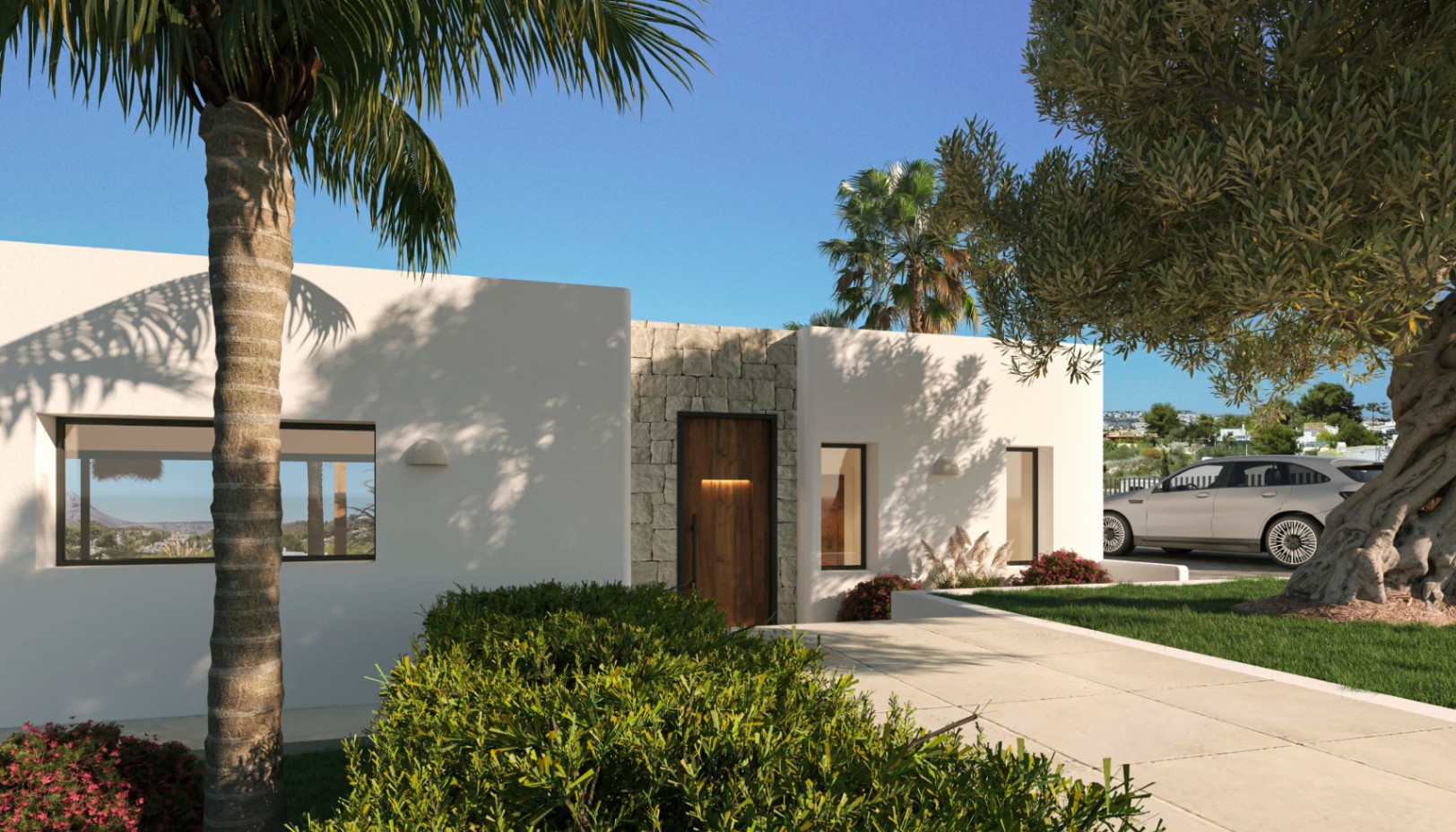Moderne mediterrane gevel met witte muren, natuurstenen accenten en een houten voordeur, omgeven door een tuin met palmbomen en olijfbomen.