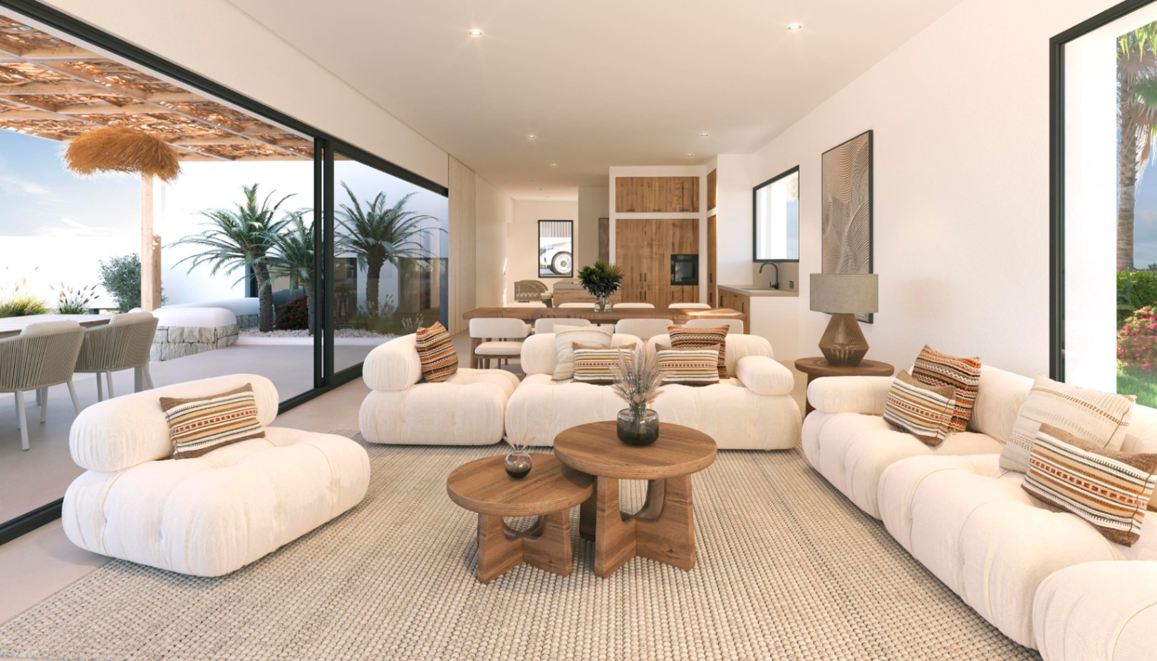 Open woonkamer met witte modulaire banken en houten accenten, verbonden met het buitenterras via grote glazen schuifdeuren voor optimaal natuurlijk licht.