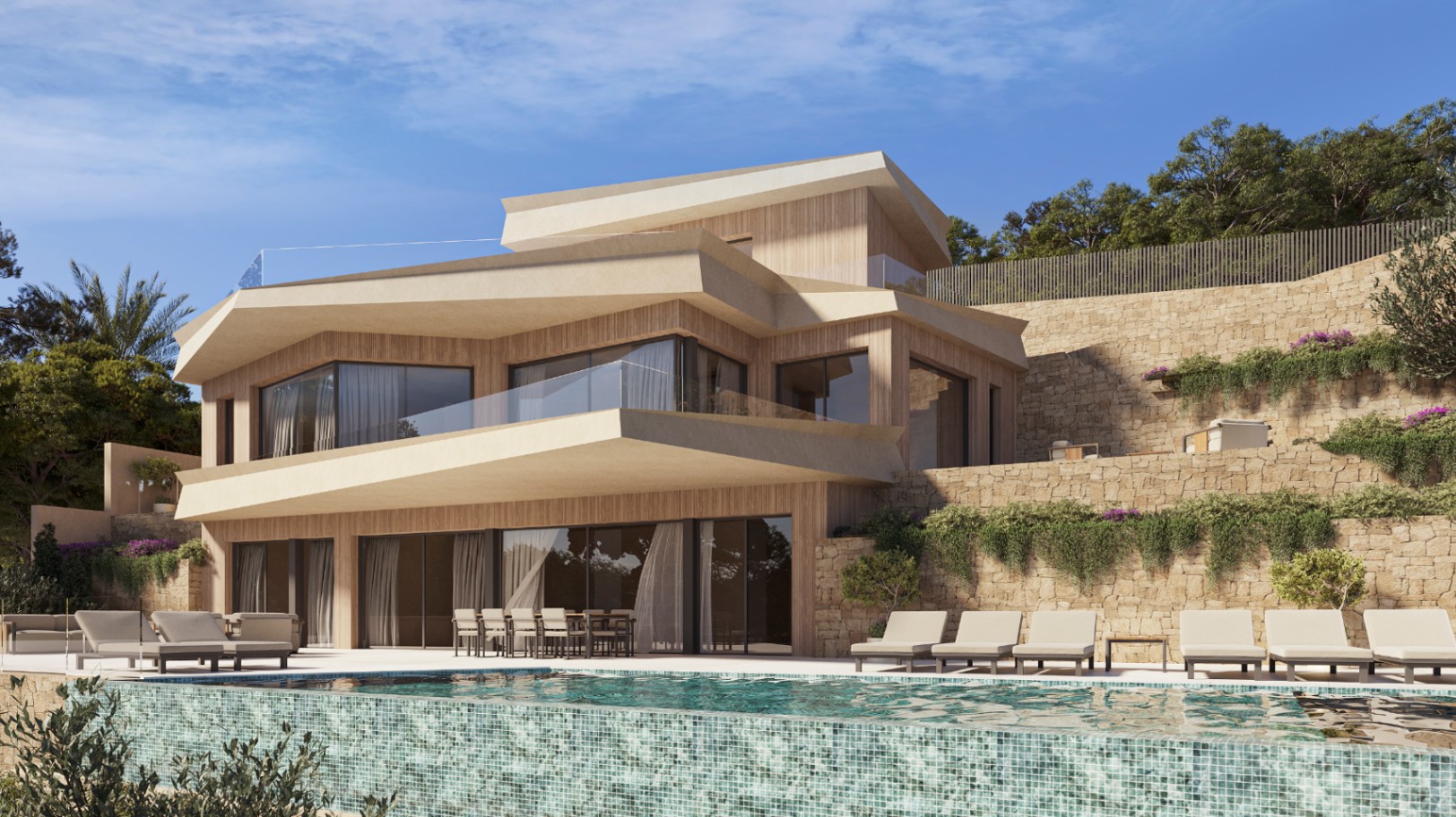 Buitenzicht van de villa met hoekige architectuur, houten gevel, stenen muren, mozaïekzwembad en terrassen met glazen balustrades.