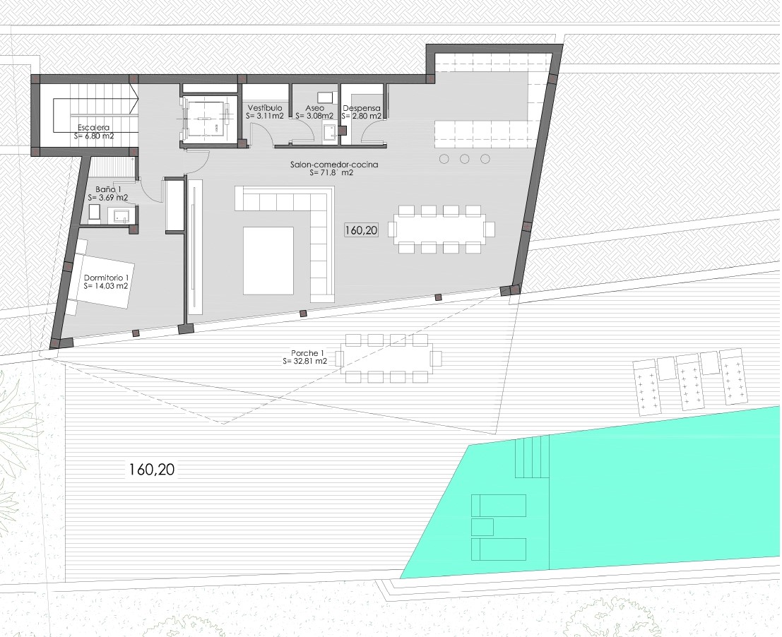 Gedetailleerde plattegrond van de begane grond met een open woon-eetkamer van 71 m², slaapkamer met en-suite badkamer en een ruim terras grenzend aan het zwembad.