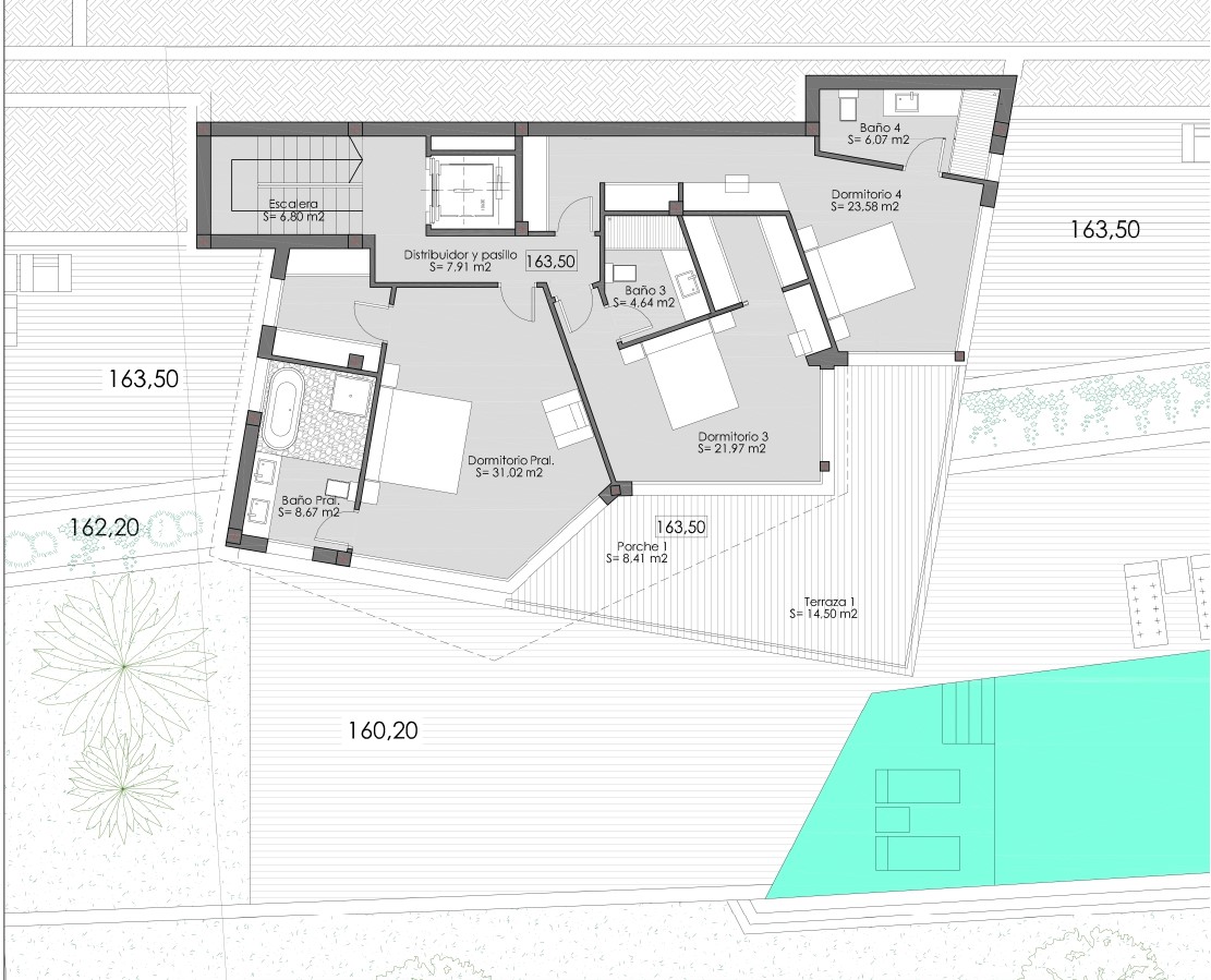 Gedetailleerde plattegrond van de bovenverdieping met de hoofdslaapkamer, twee extra slaapkamers met eigen badkamer, lift en een ruim terras.