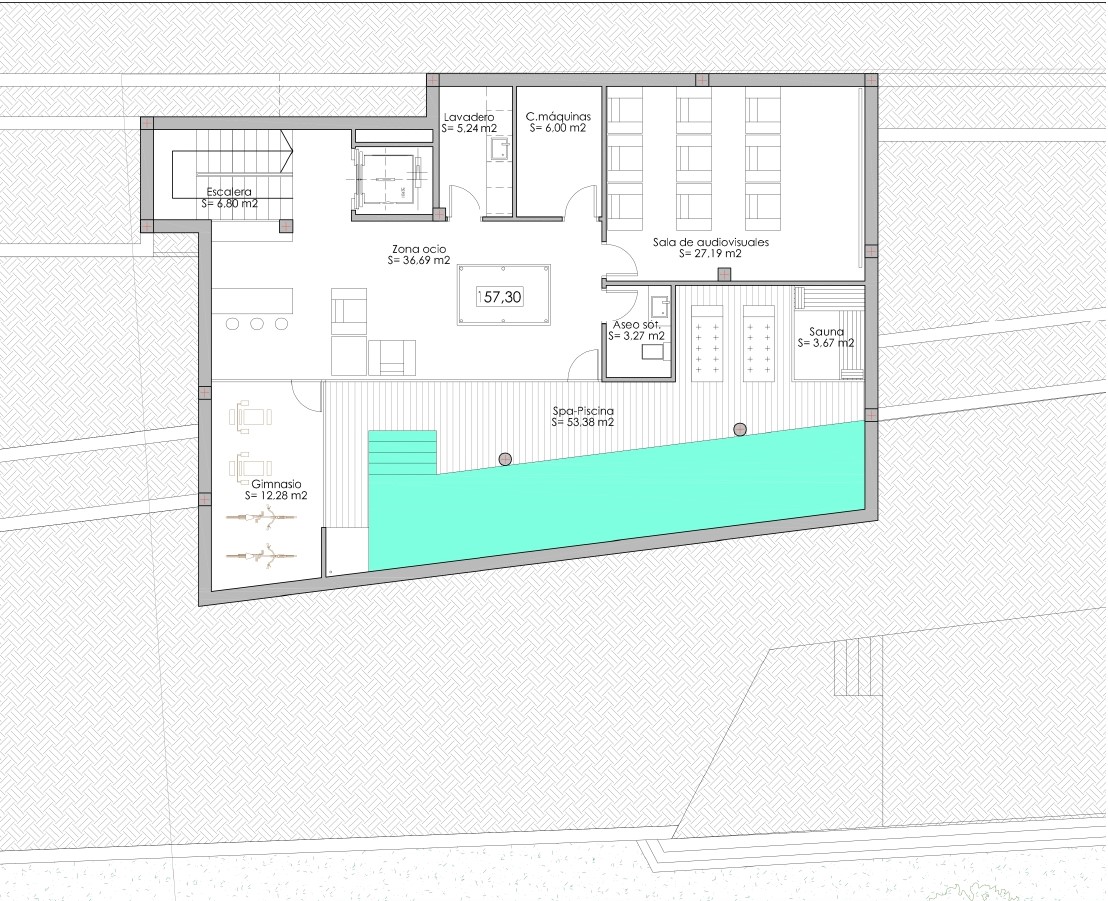 Gedetailleerde plattegrond van het souterrain met een recreatieruimte, bioscoopzaal, fitnessruimte, sauna en een groot binnenzwembad met spa-gedeelte.