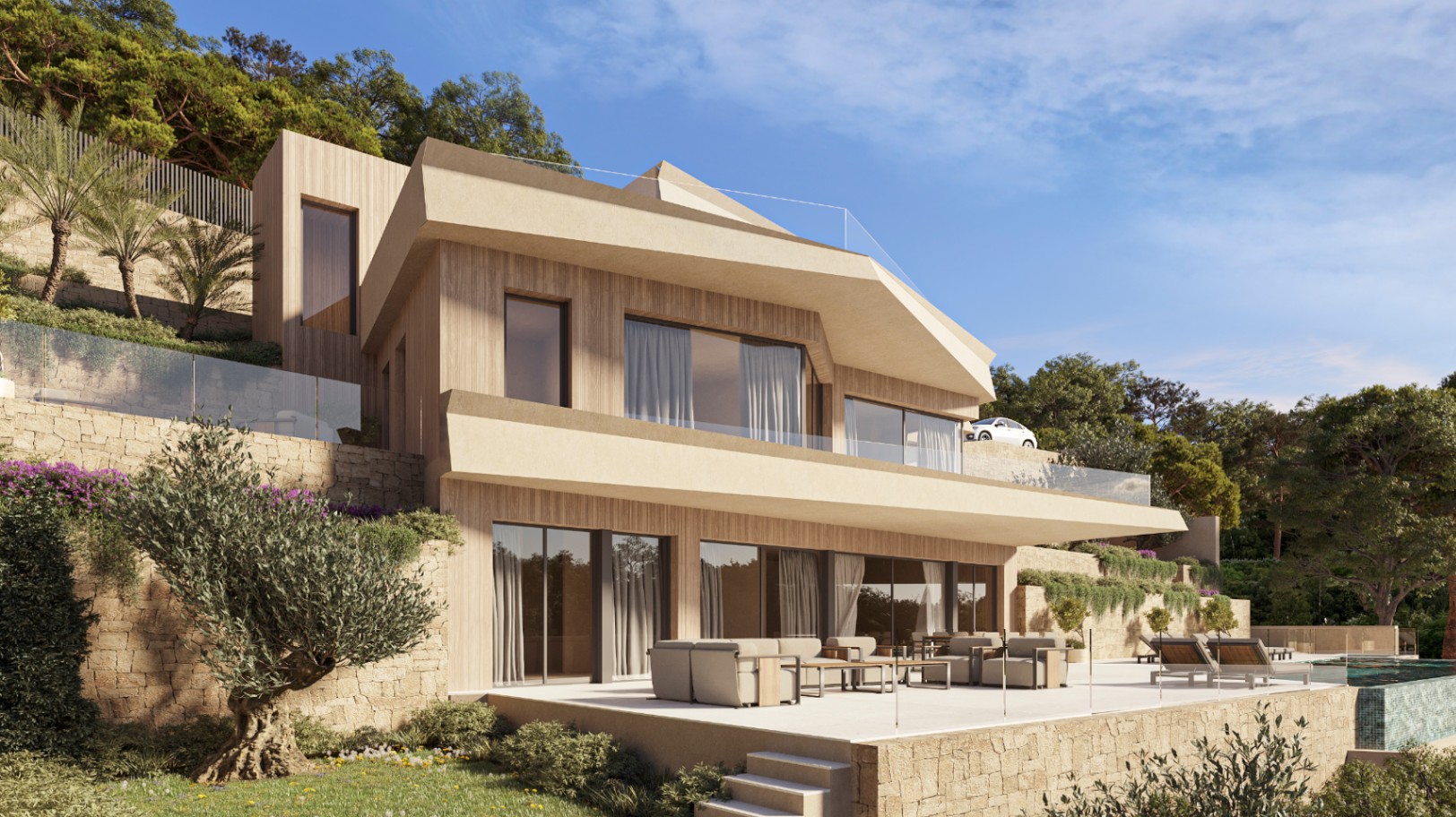 Moderne villa met houten gevelbekleding, ruime terrassen met glazen balustrades, buitenlounge en een overloopzwembad gelegen in een terrasvormige mediterrane tuin.