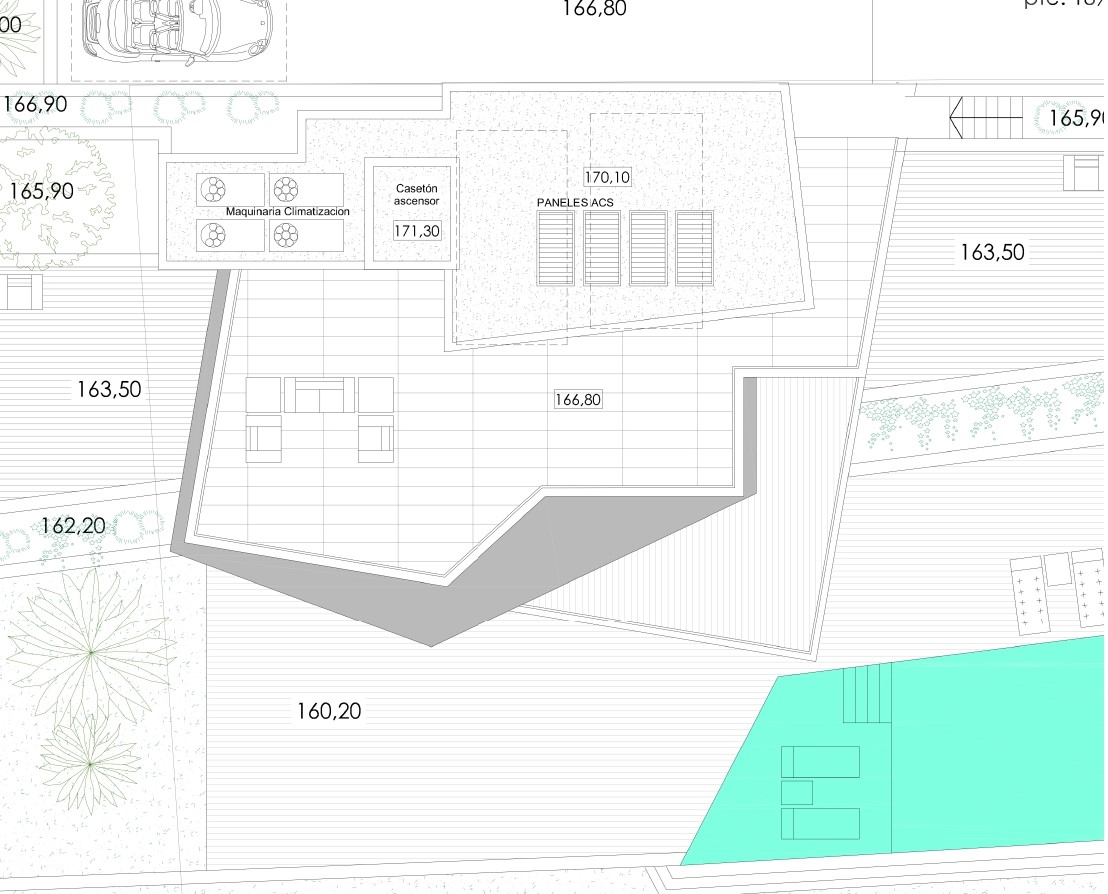 Technische bouwtekening van het dakterras met de opstelling van zonnepanelen, airconditioningunits, de liftschacht en een ruim zonneterras met meubilair.