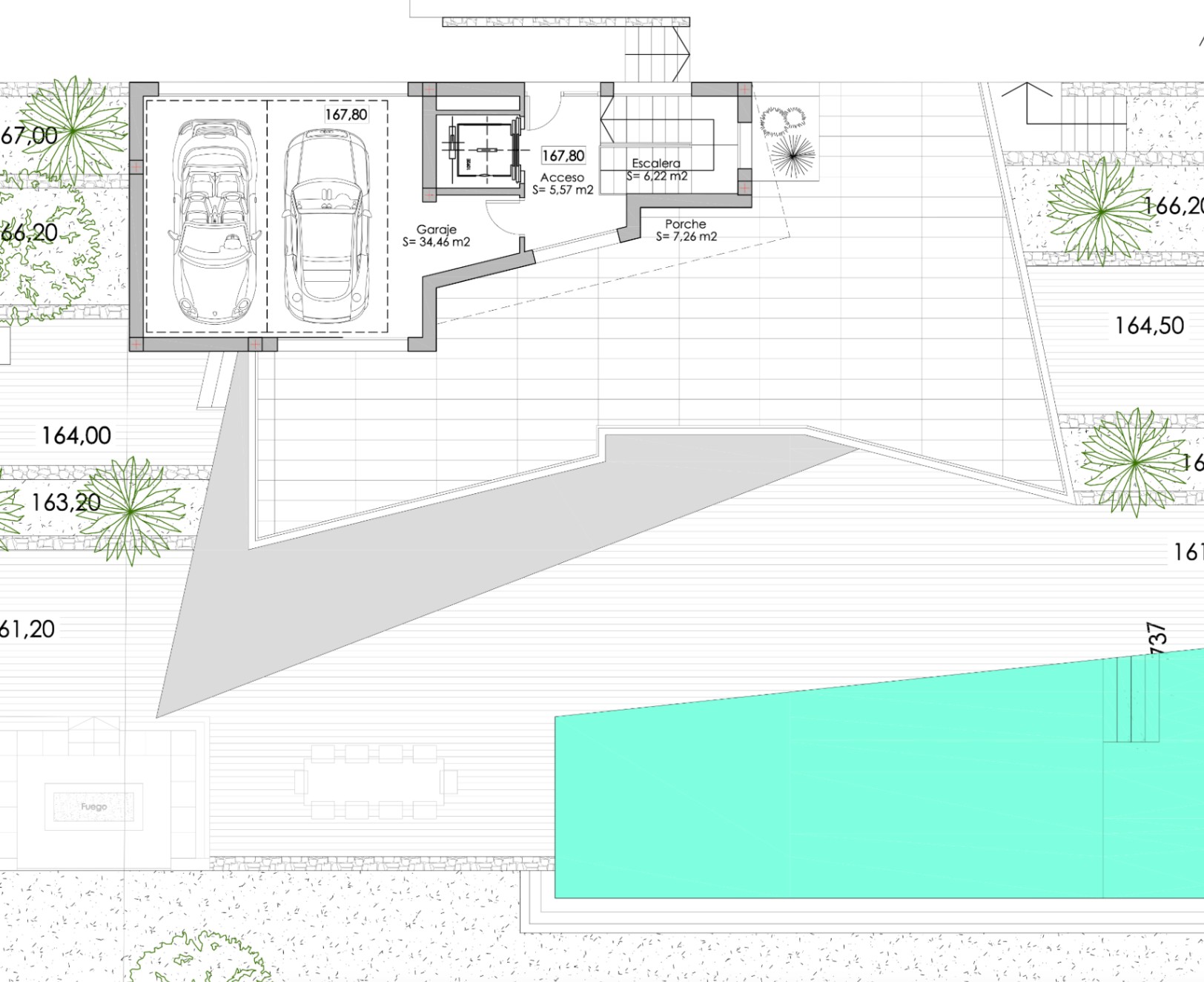 Architectonisch plan: dubbele garage, toegang, trap, veranda en zwembad.