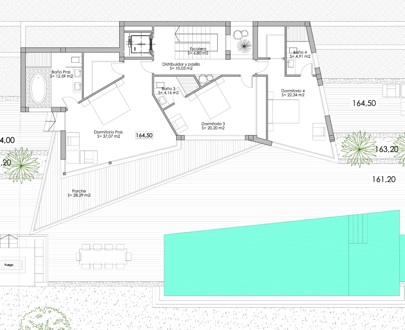 Architectonisch plan van de villa met de indeling van slaapkamers, badkamers en het buitenzwembad.
