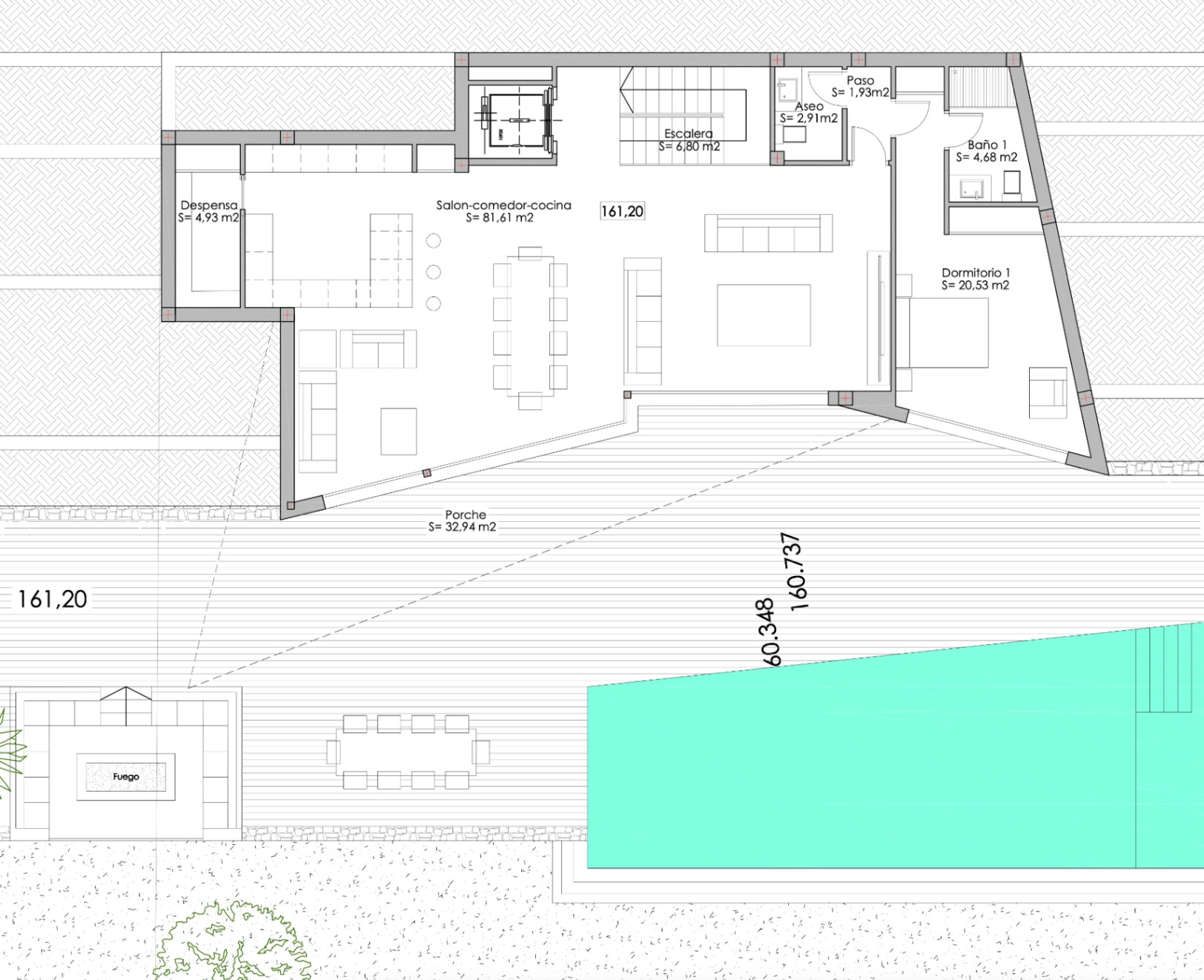 Architectonisch plan van een villa met de indeling van binnen en buiten, inclusief een zwembad en tuin.