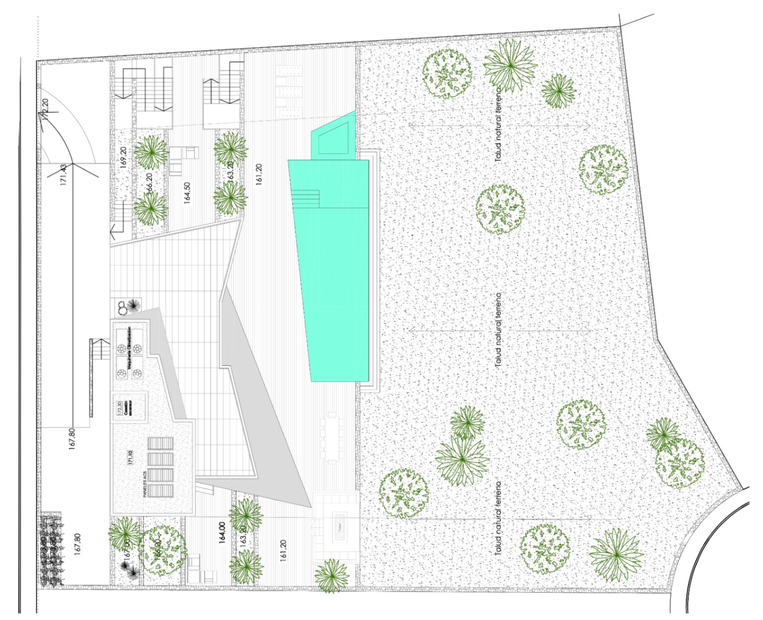 Bovenaanzicht van villa met zwembad, terras, mediterrane tuin en barbecueplaats.