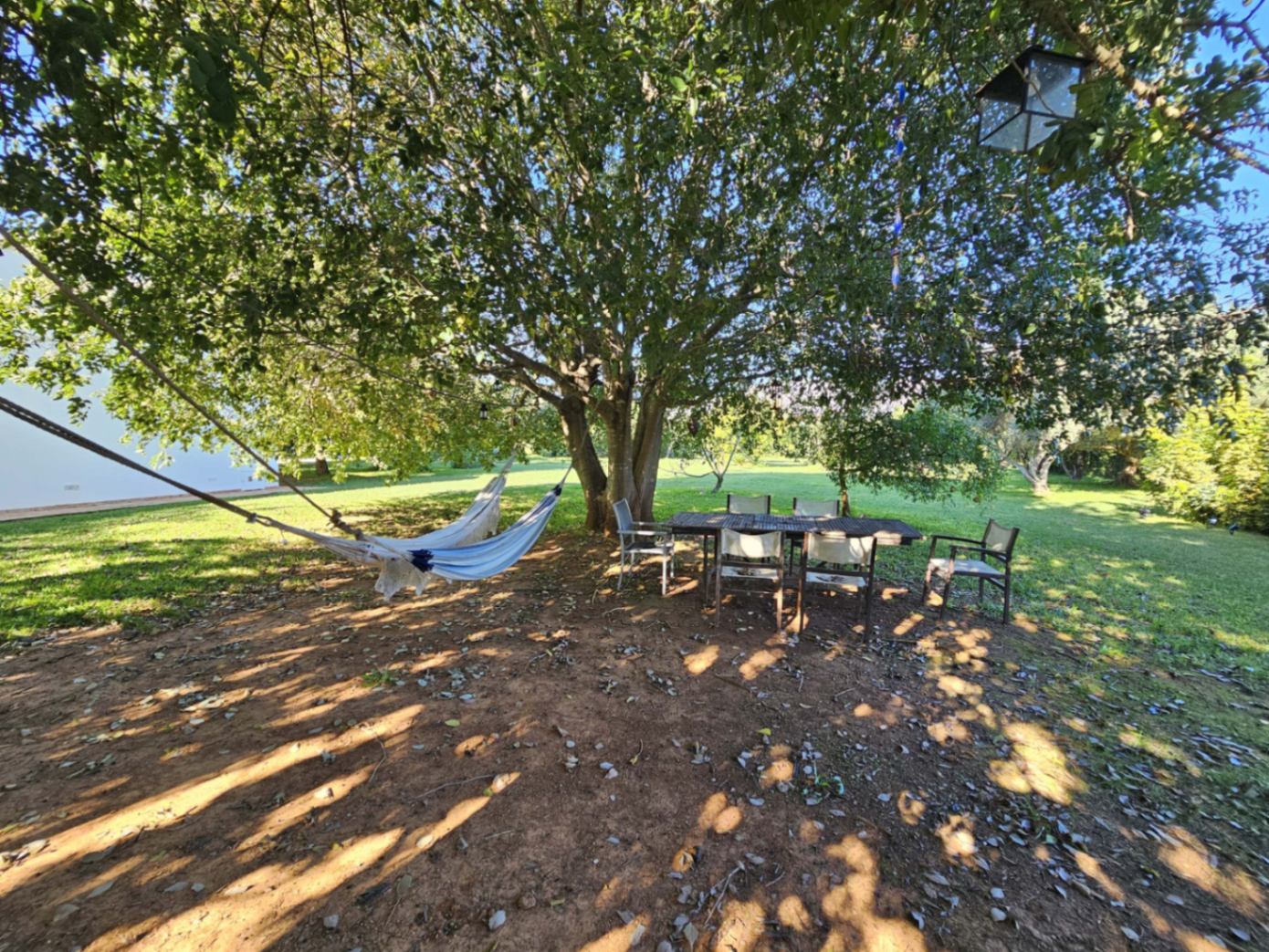 Schaduwrijke ontspanningsplek onder een grote boom, voorzien van een buiteneettafel en een hangmat, midden in de uitgestrekte, verzorgde tuin.