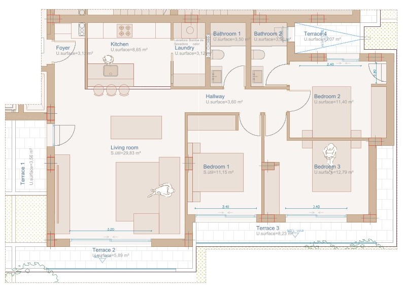 Gedetailleerde plattegrond van het appartement met drie slaapkamers, open woonkamer met keuken en vier terrassen die zorgen voor veel buitenruimte.