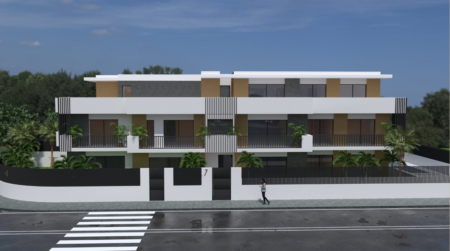 Hoofdgevel van een modern woongebouw met witte stucwerk, grijze steenaccenten, houtlook panelen en ruime terrassen met zwarte metalen balustrades.