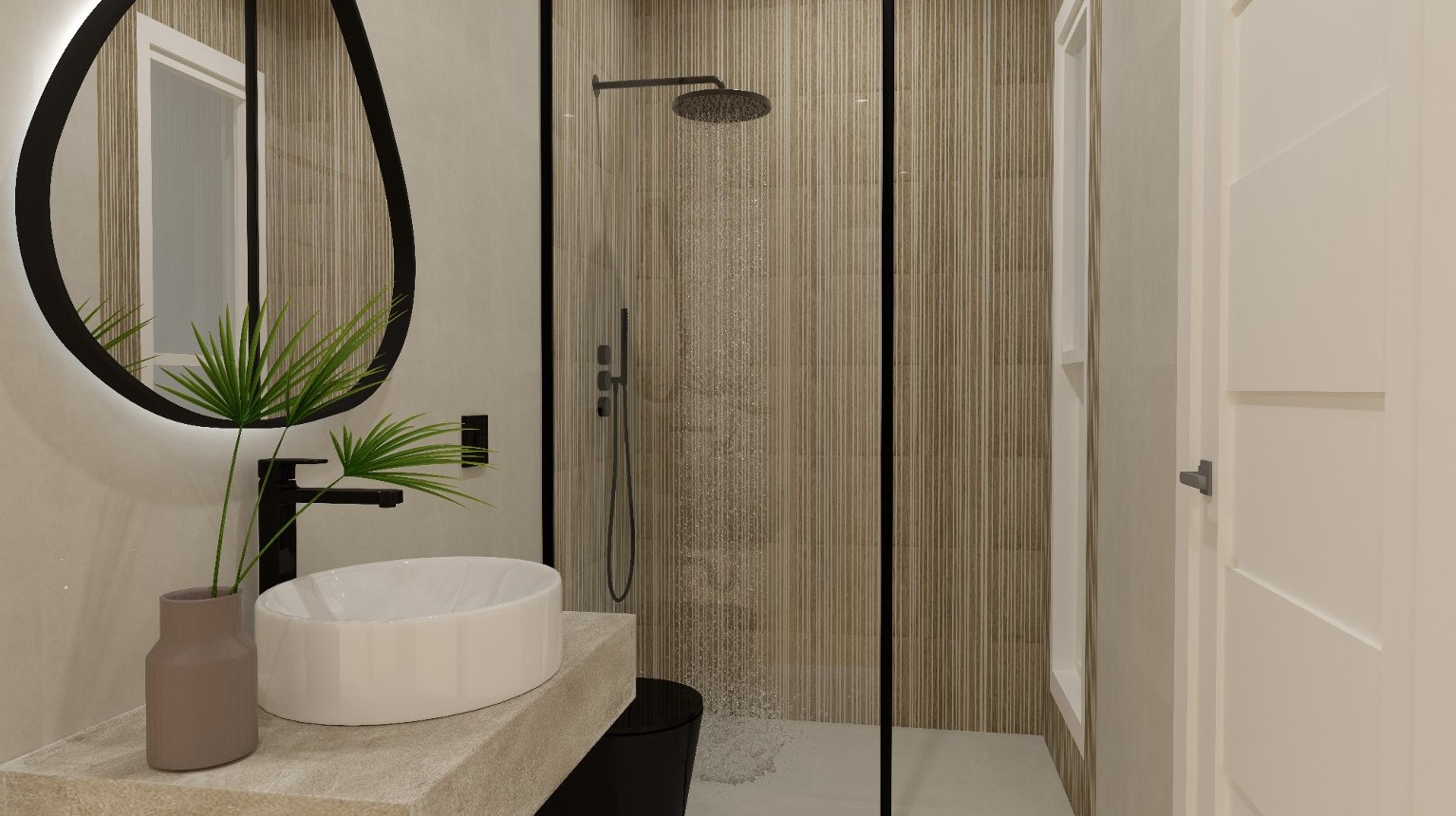 Moderne badkamer met inloopdouche, zwarte kranen en een opbouwkom op een stenen blad. Voorzien van een organisch gevormde spiegel met achtergrondverlichting.