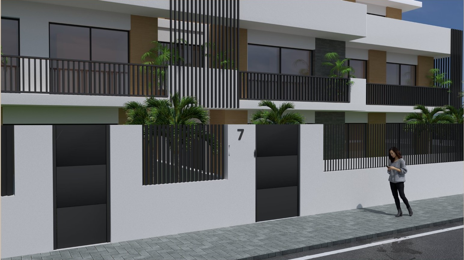 Moderne gevel met witte muren, zwarte metalen lamellen en houtlook panelen. De woning beschikt over grote raampartijen en een strakke omheining aan de straatzijde.