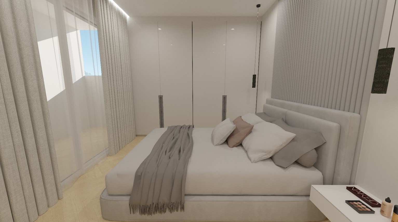 Moderne slaapkamer met witte inbouwkasten, een decoratieve wand met verticale latten en directe toegang tot het terras via kamerhoge ramen.