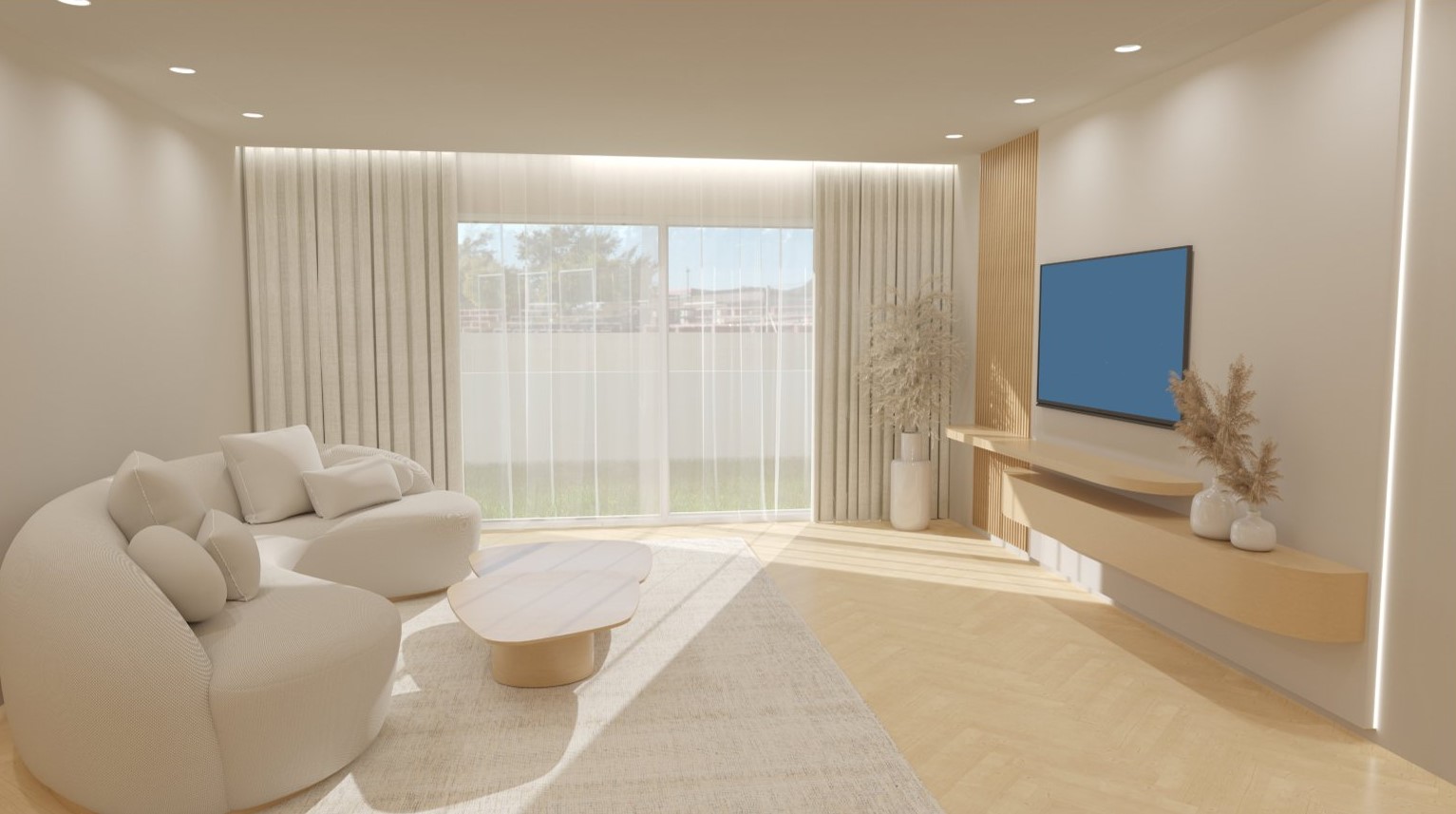 Moderne woonkamer met een gebogen bank, visgraatvloer en geïntegreerde houten wandpanelen. Grote schuifdeuren bieden directe toegang tot het terras en natuurlijk licht.