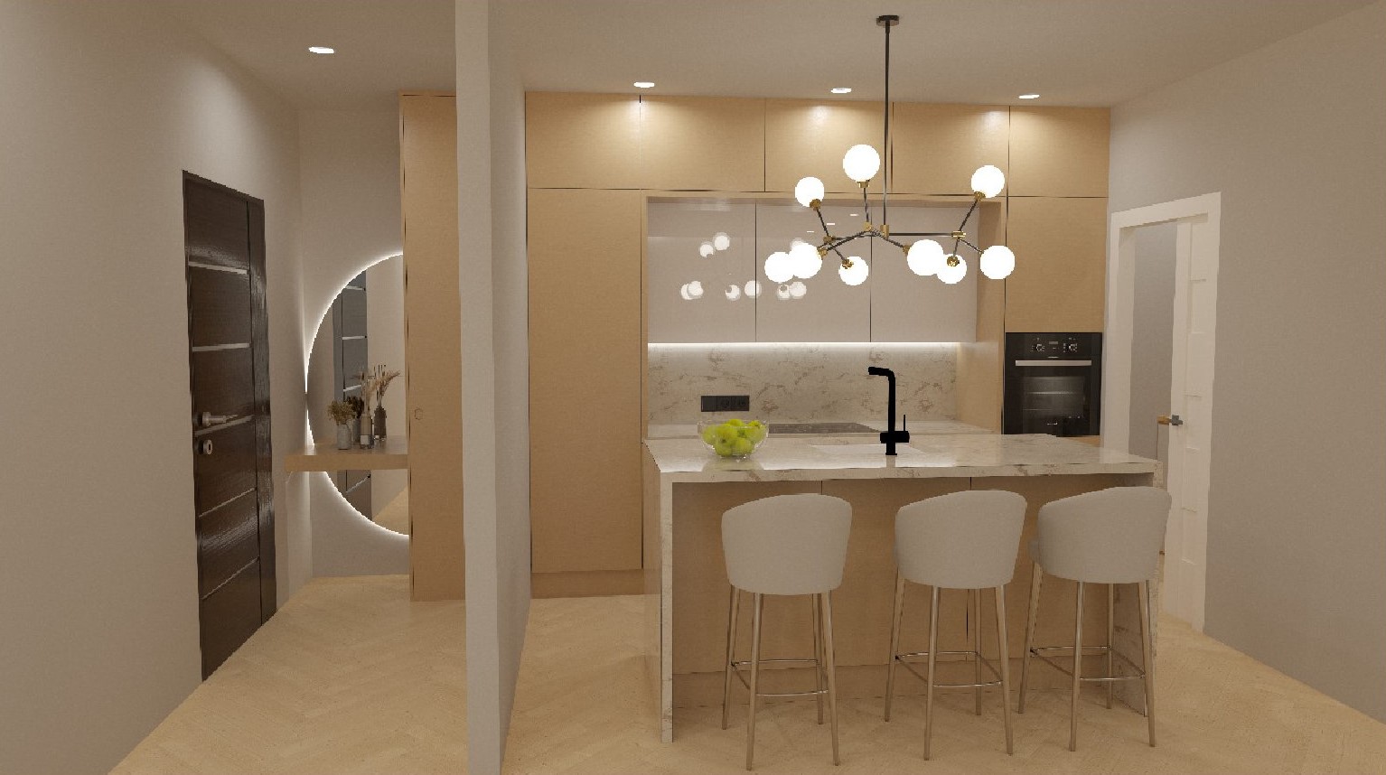 Open keuken met marmeren kookeiland, witte barkrukken en zwarte kraan. Voorzien van lichte houten kasten, een design hanglamp en een verlichte ronde spiegel in de hal.