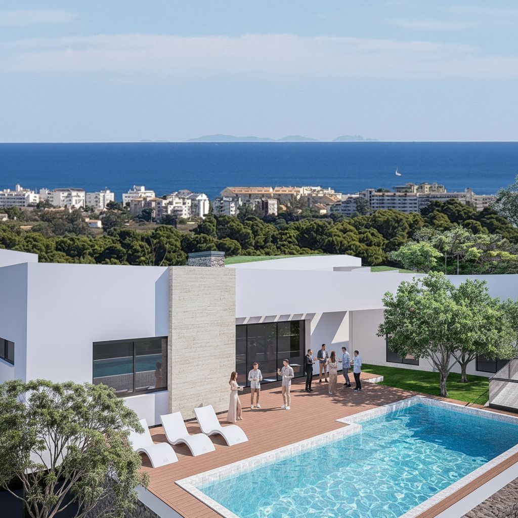 Exterieur van de moderne witte villa met zwembad, houten terras en panoramisch uitzicht over de Middellandse Zee en de kustlijn van Jávea.