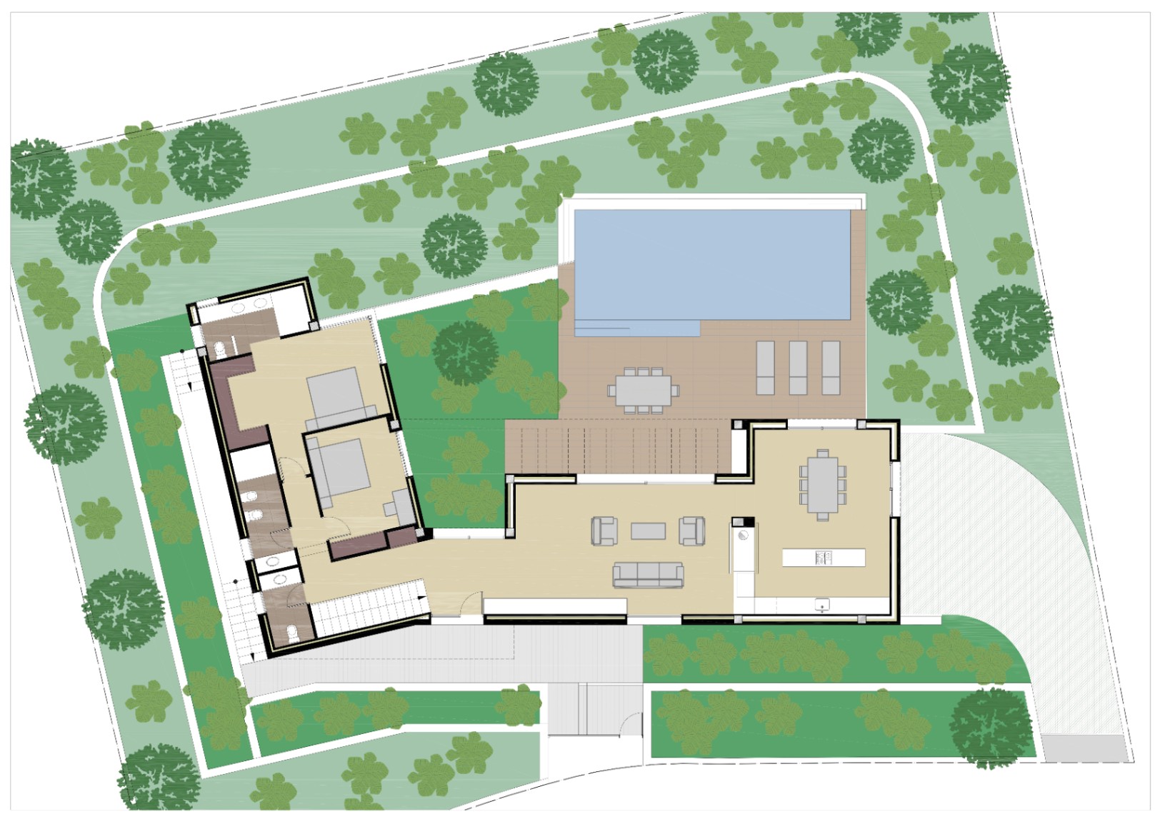 Gedetailleerde plattegrond van de begane grond met de open woonruimte, twee slaapkamers en het ruime terras met zwembad en omliggende tuin.