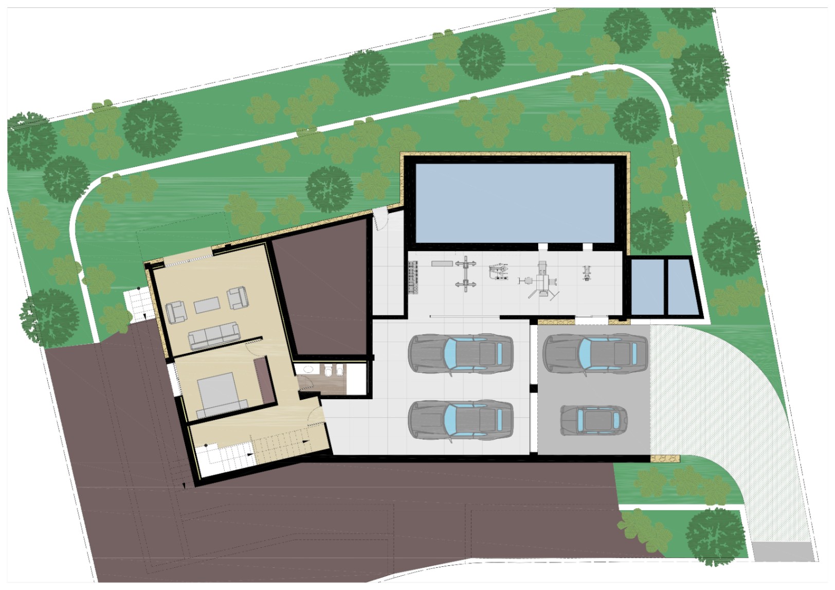 Gedetailleerde plattegrond van het souterrain met een ruime garage, fitnessruimte, binnenzwembad en een gastenverblijf met eigen woonkamer en badkamer.