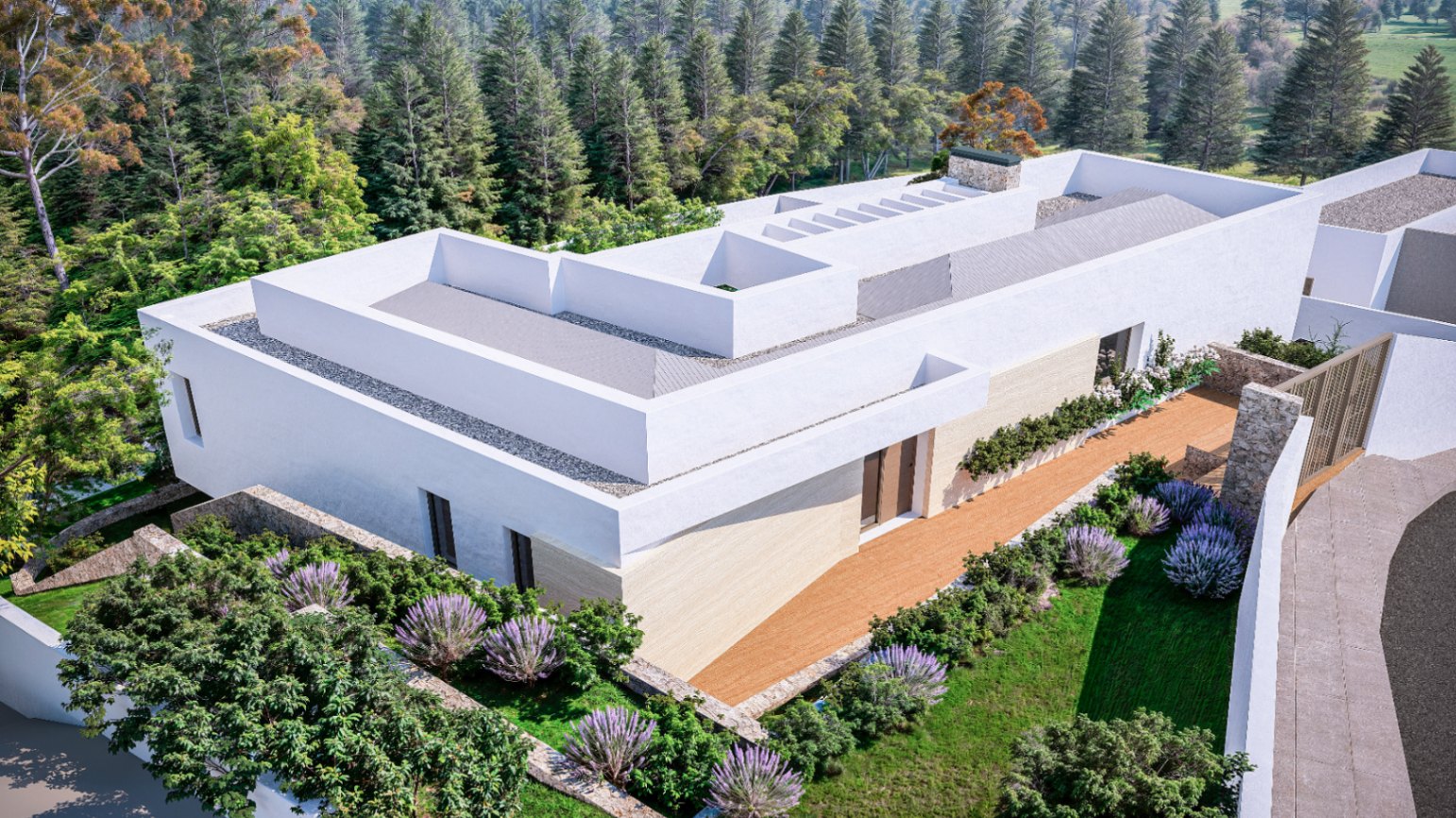 Luchtfoto van de moderne villa met witte gevels, stenen accenten en een aangelegde tuin met lavendel, omgeven door een dicht dennenbos.