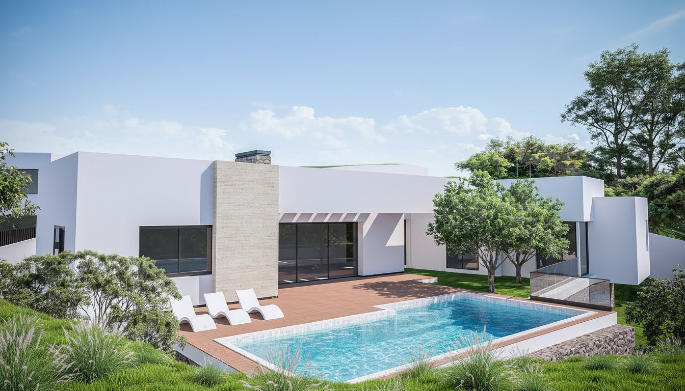 Moderne villa met rechthoekig zwembad, houten terras en witte gevel met natuurstenen accenten en strakke architectuur.
